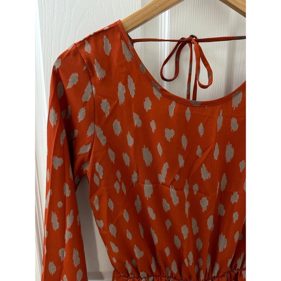 Women’s Boutique Bell Long Sleeve Romper Tie Back Detail Orange Rust Pattern - Picture 3 of 12